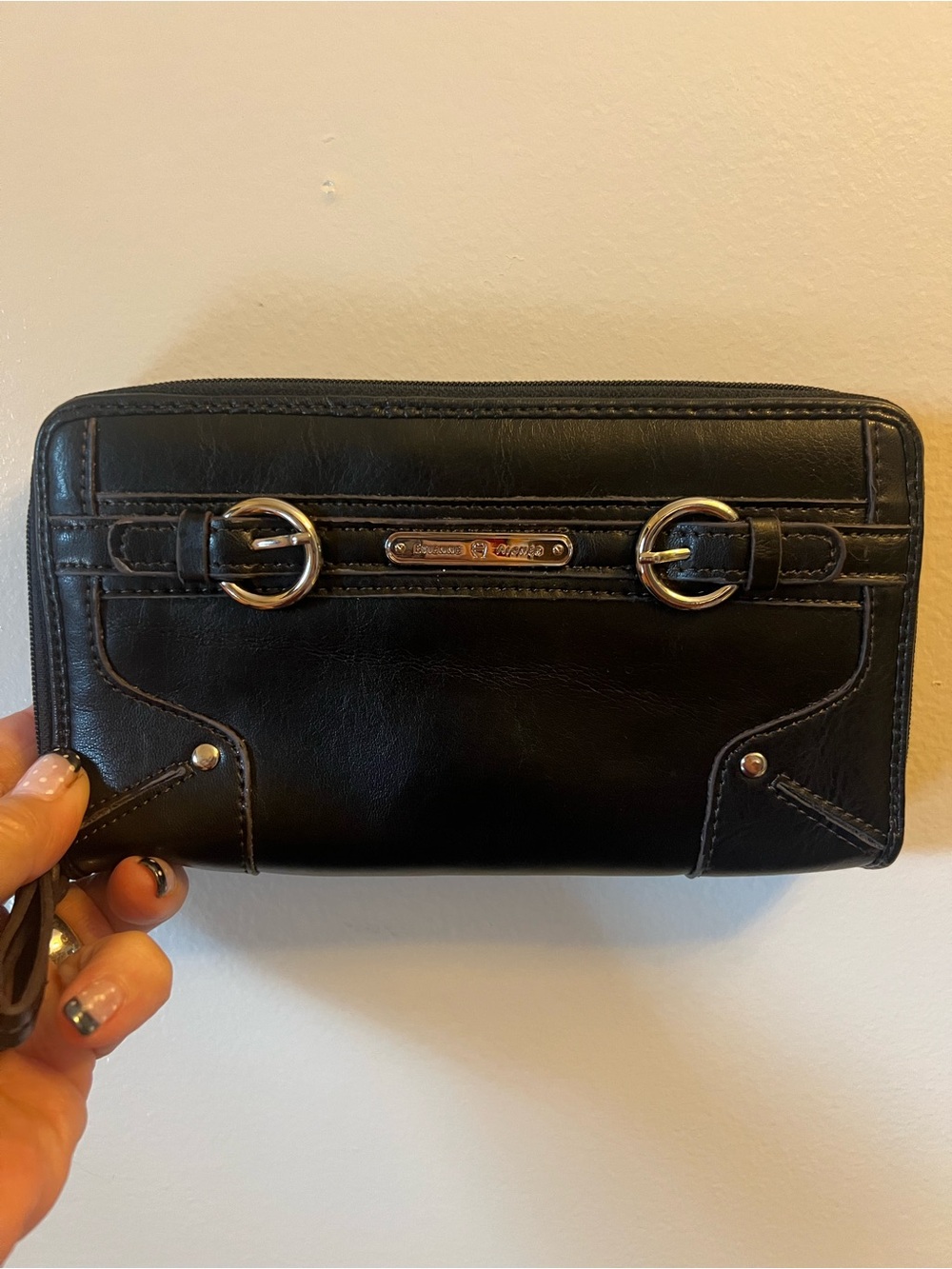 Etienne Aigner Black Leather Zip-Around Wallet with Gold Accents